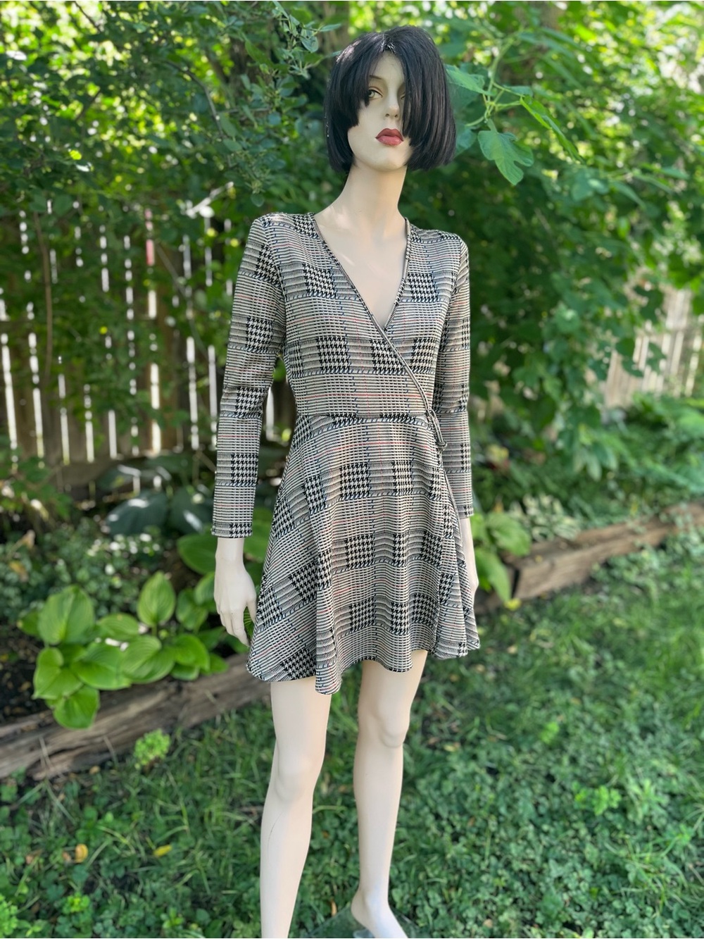 Simons Black and Cream Plaid Wrap Skater Dress